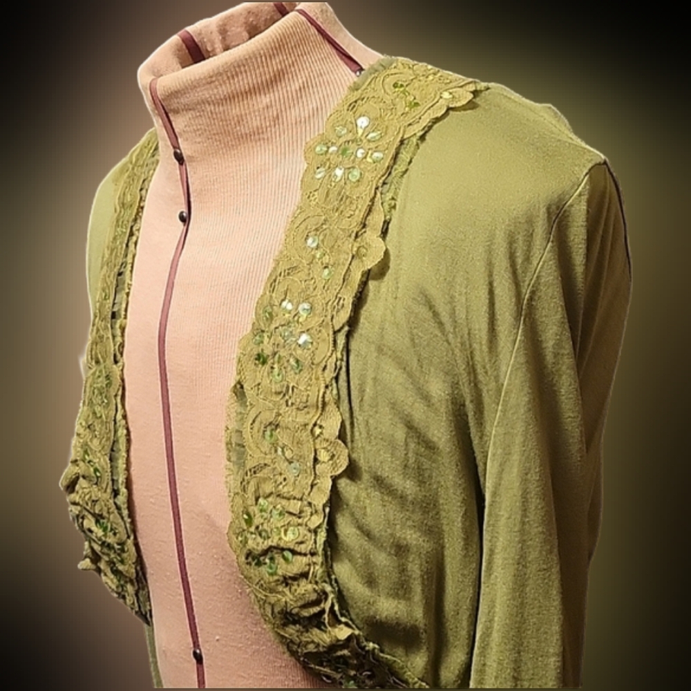Vtg Y2K Harley Davidson olive green sequins lace long sleeve bolero shrug L NWT - Picture 12 of 16